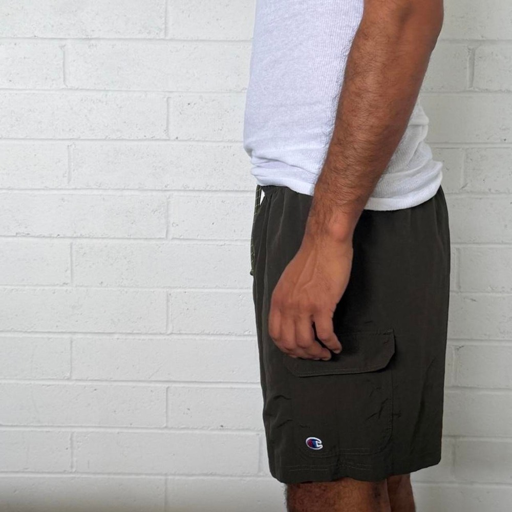 Champion Mens Cargo Athletic Shorts Khaki Green Elastic Waist Drawstring